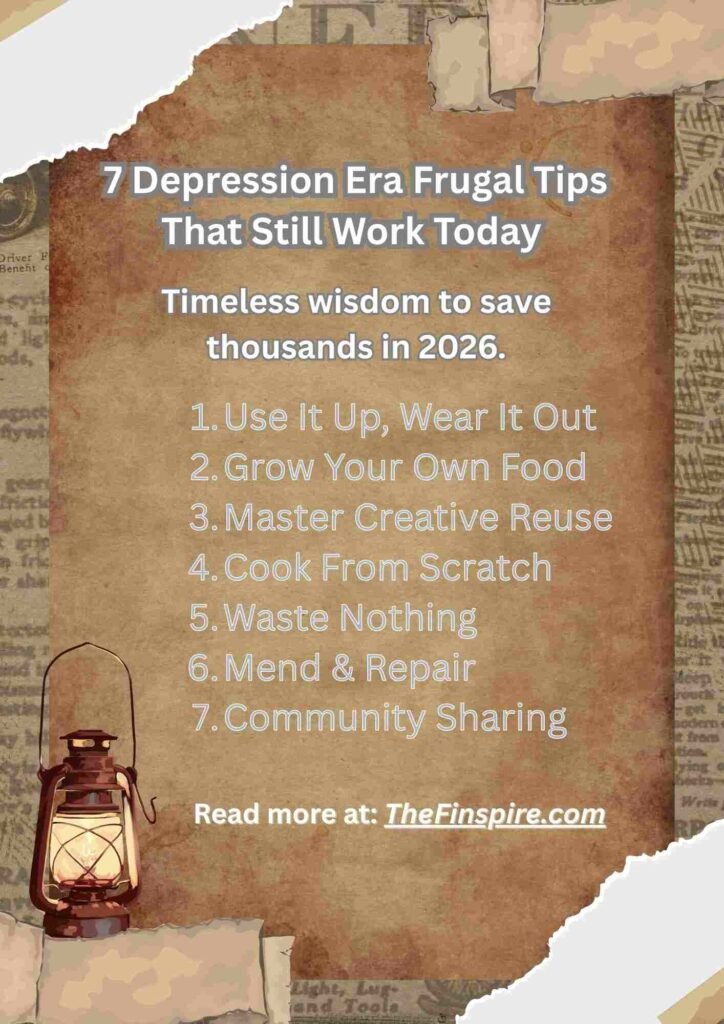 Infographic listing 7 timeless depression era frugal tips that save thousands of dollars