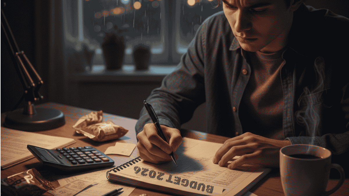 Stressed man calculating expenses late at night planning a low income budget for 2026.